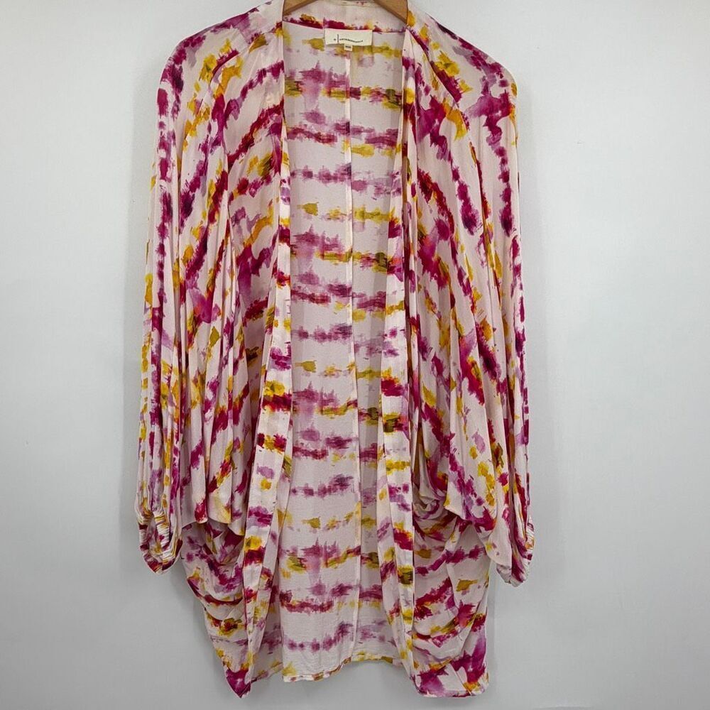 AnthropologieโWatercolor Tie Dye Kimono Cardigan One Size Pink Yellow Boho Duste